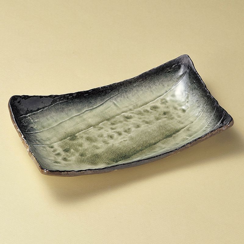 Assiette verte japonaise en céramique rectangulaire, MIDORI, vert et noir