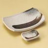 Japanese sushi plate and its sauce container, BEIJU, beige and brown brush