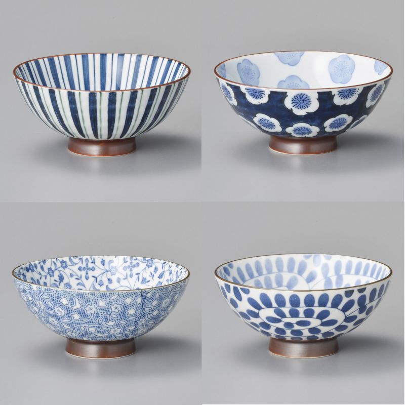 Set of 4 Japanese white ceramic rice bowls, various blue patterns - SAMAZAMANA