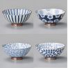 Set of 4 Japanese white ceramic rice bowls, various blue patterns - SAMAZAMANA