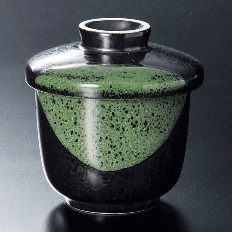Chawanmushi Japanese tea bowl with lid, black and green - SANKAKKEI