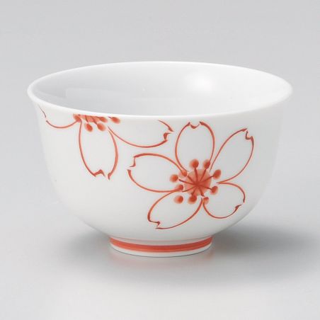 Taza de té de cerámica japonesa, blanca con flores rojas - SAKURA