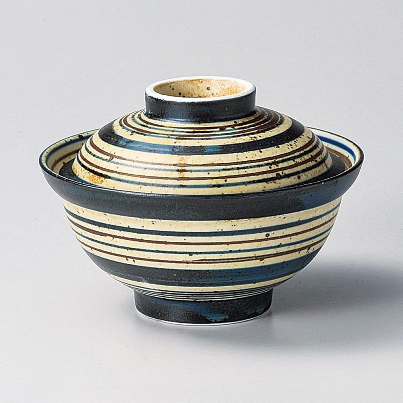Ciotola in ceramica giapponese con coperchio, AOKOMASUJI, blu e marrone