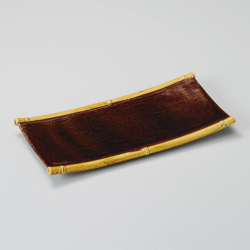 Assiette rectangulaire japonaise en céramique, marron, bambou - TAKE