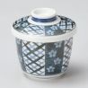 Cuenco de cerámica para té chawanmushi, blanco y azul, celosía y patrón de flor de ciruelo, UME