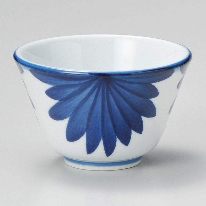 Japanese ceramic tea cup, white and blue petals - AOI HANABIRA