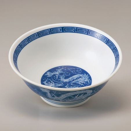 Japanese white ceramic ramen bowl, RYU, blue dragon and clouds 1