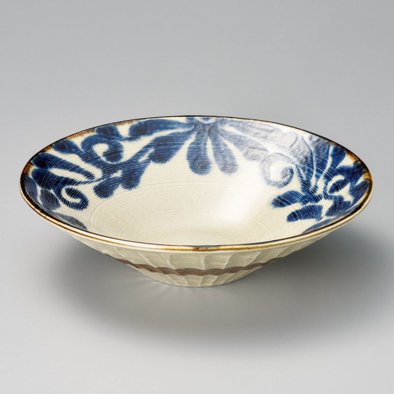 Bol à ramen japonais beige en céramique, SHITO, motif feuilles bleues