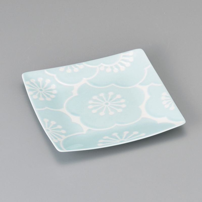 Assiette carrée japonaise en céramique, bleu et blanc - UME