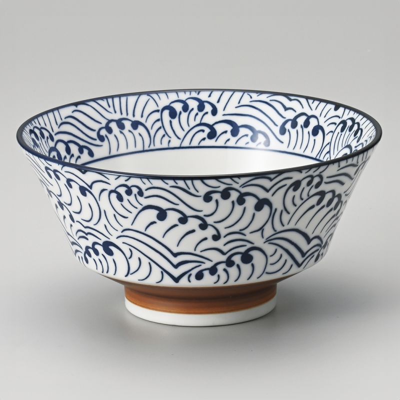Bol japonais donburi en céramique blanc et bleu motif vague - NAMI - 18cm
