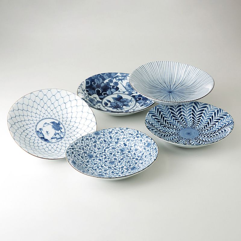 set de 5 assiettes rondes japonaises, AIE KAWARI, bleu et blanc