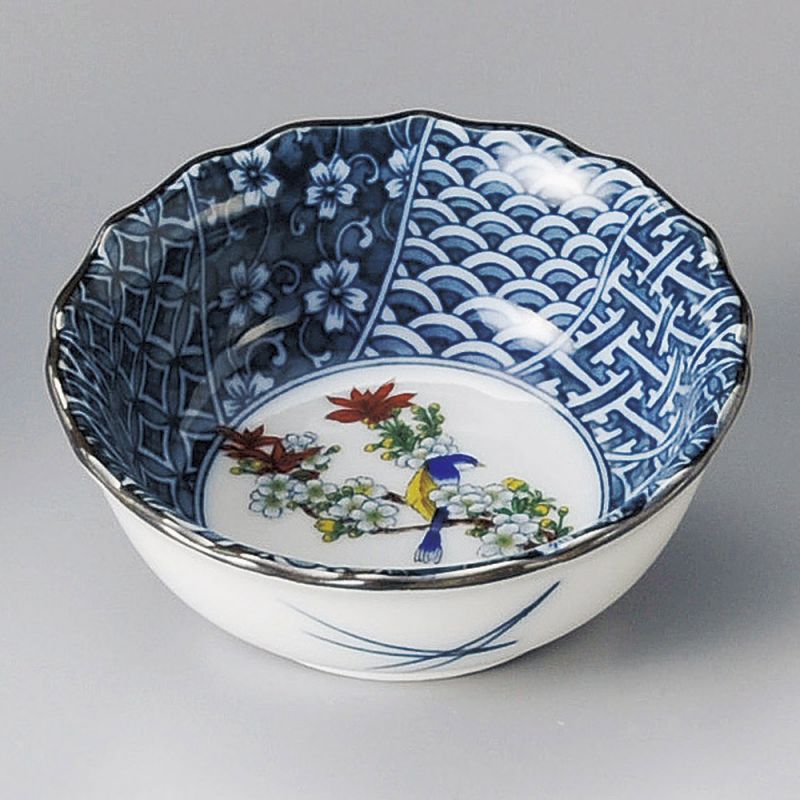 Petit récipient japonais en céramique, marron, blanc et bleu, motifs variés- HARU