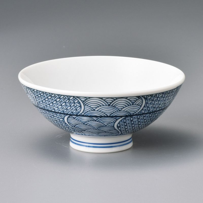 Japanische Keramik-Reisschale, weiß-blaues traditionelles Muster, BAKUZEN