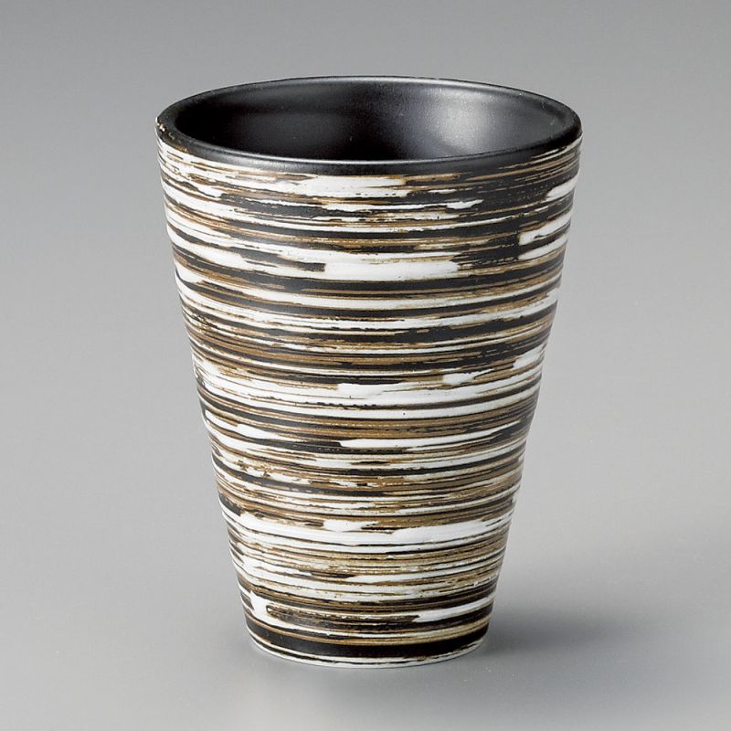 Japanese 11.2cm brown tall teacup in ceramic YUKINOMAI, lines