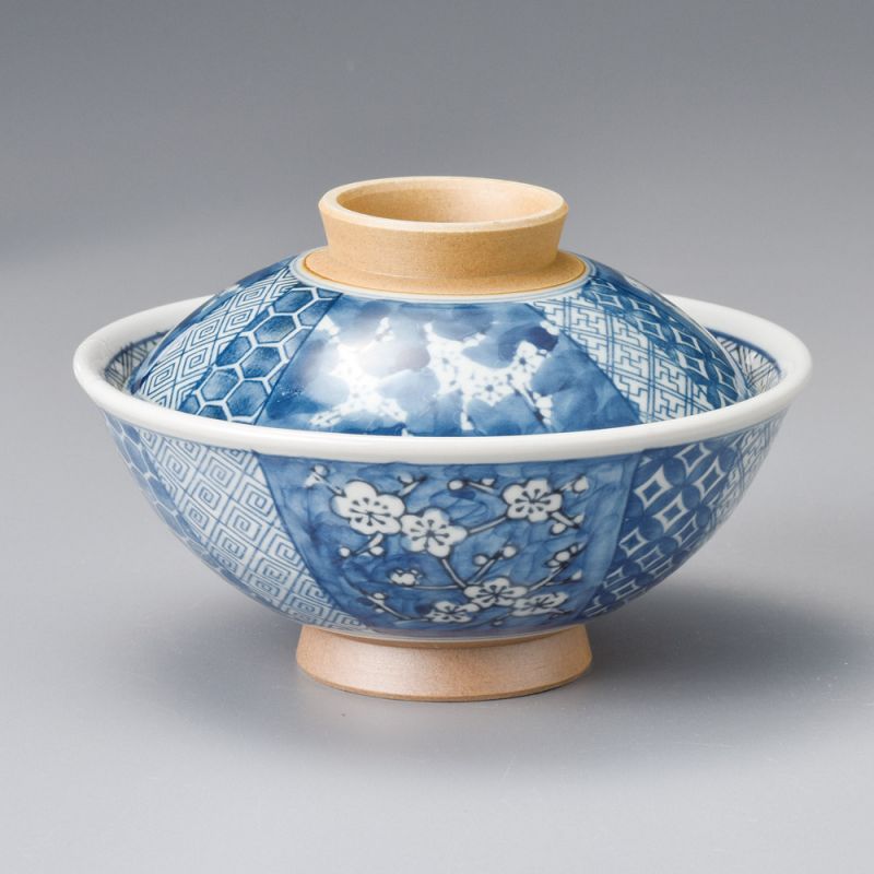 Japanese blue ceramic bowl with lid, SHONZUI, flowers
