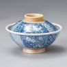 Bol japonais bleu en céramique avec couvercle, SHONZUI, fleurs