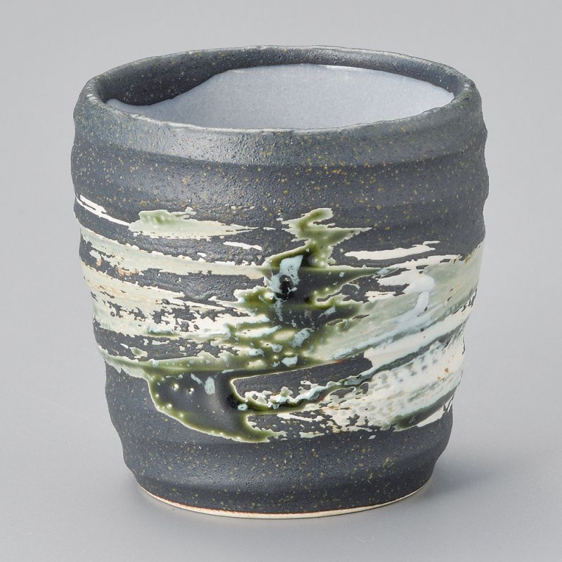 japanese black ceramic teacup HAKE green brush