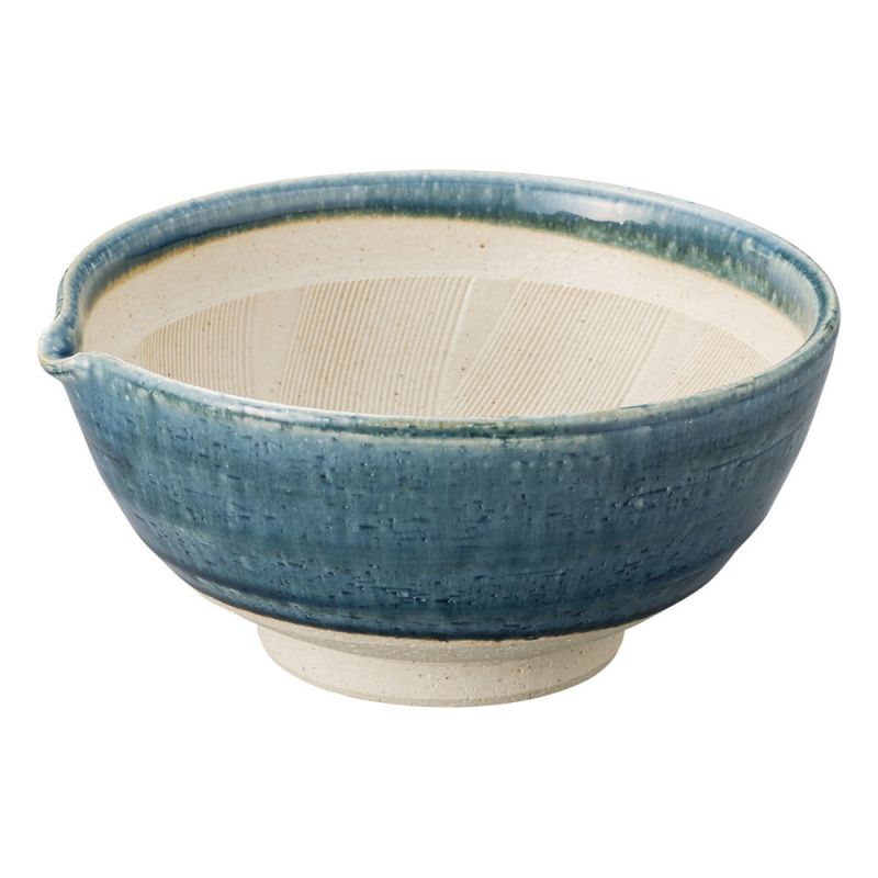 Japanese ceramic suribachi bowl with spout - blue