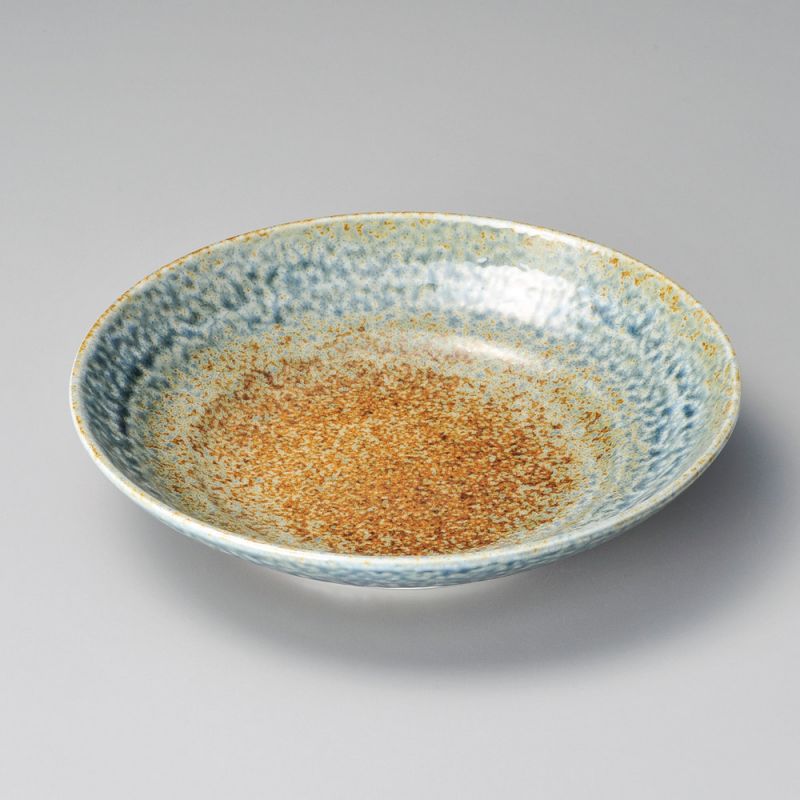 Japanischer runder Keramikteller, braun und blau, CHAIRO AOI