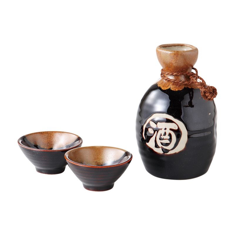 Service à saké, 1 bouteille et 2 tasses, TENMOKU, noir et kanji