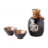 Juego de sake, 1 botella y 2 tazas, TENMOKU, negro y kanji