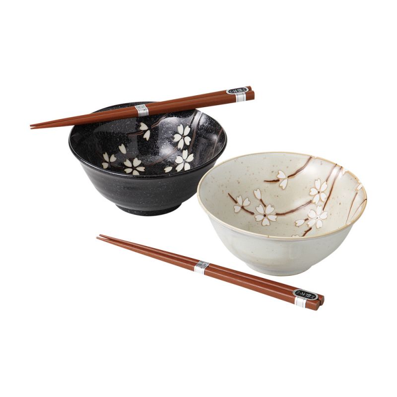 Set de 2 bols japonais en céramique beige et noir - pétales blancs - SAKURA