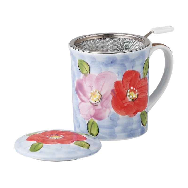 Japanische Teetasse aus Keramik mit Deckel und Filter, Blumenmuster, FURAWAZU