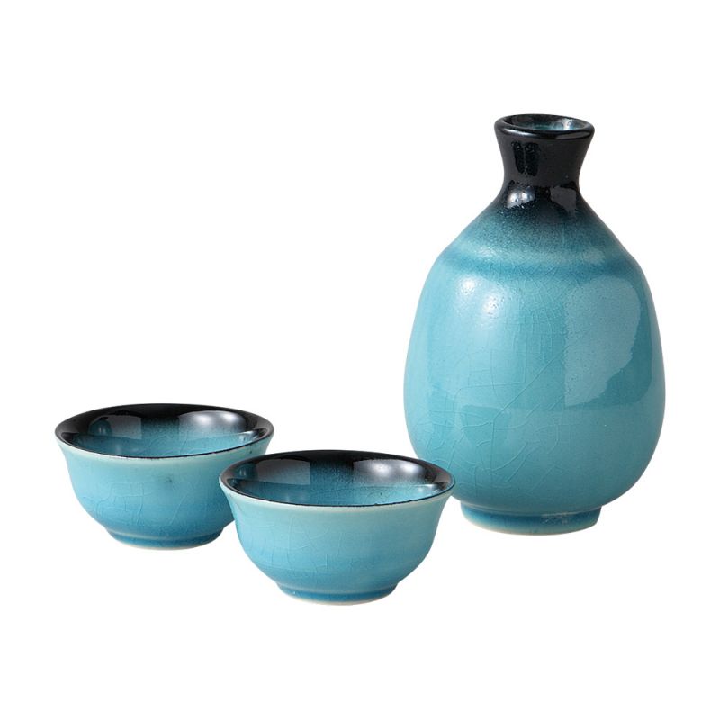 Servizio per sake in ceramica giapponese, 1 bottiglia e 2 tazze, RAGUN, blu laguna