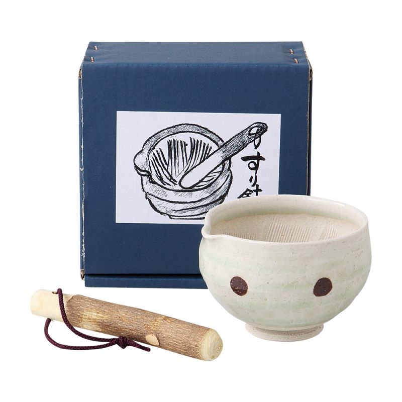 Japanische Suribachi-Schale aus Keramik – SURIBACHI – Weiß mit braunem Punkt