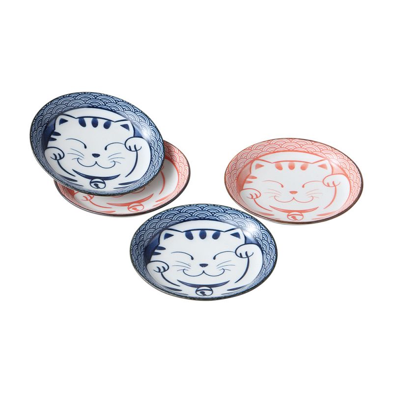 Juego de 4 pequeños platos de cerámica azul y rosa con estampado de gatos - NEKO