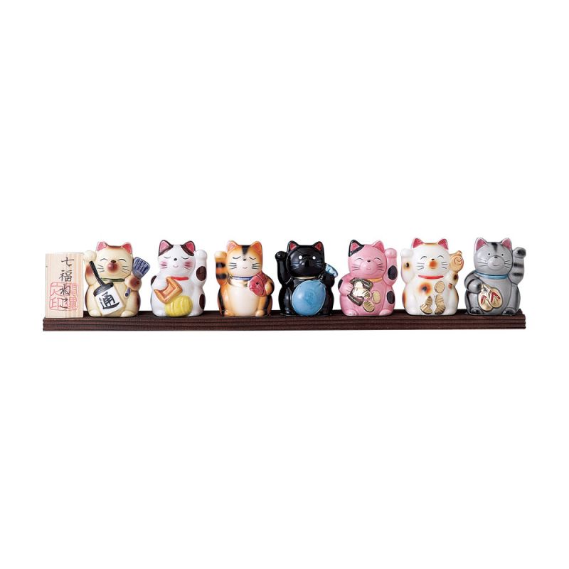 Ensemble de 7 statuettes chats sur socle - KOZO NEKO - 38 cm