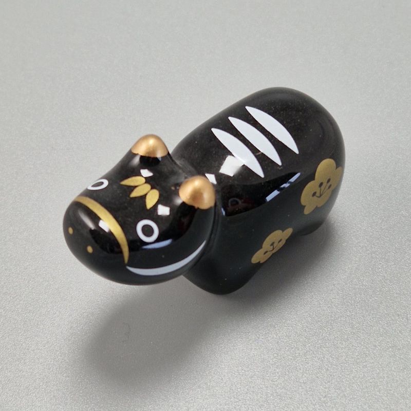 Soporte para palillos de cerámica japonesa en forma de buey negro y dorado, KUROBEKO, 3,5 cm