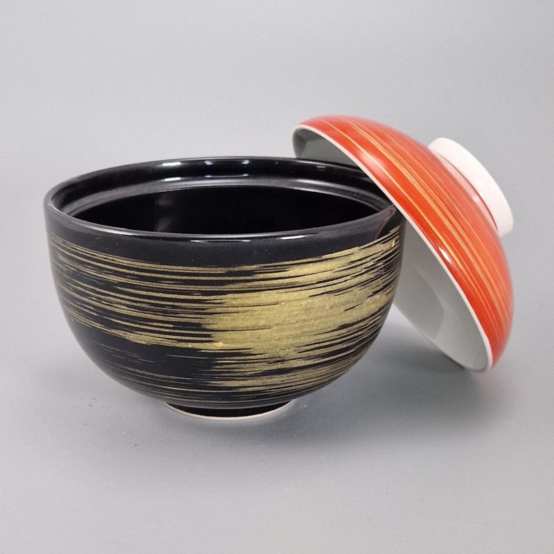 Japanische Reisschale aus Keramik mit Deckel, schwarz, rot und gold, HOSOI SEN