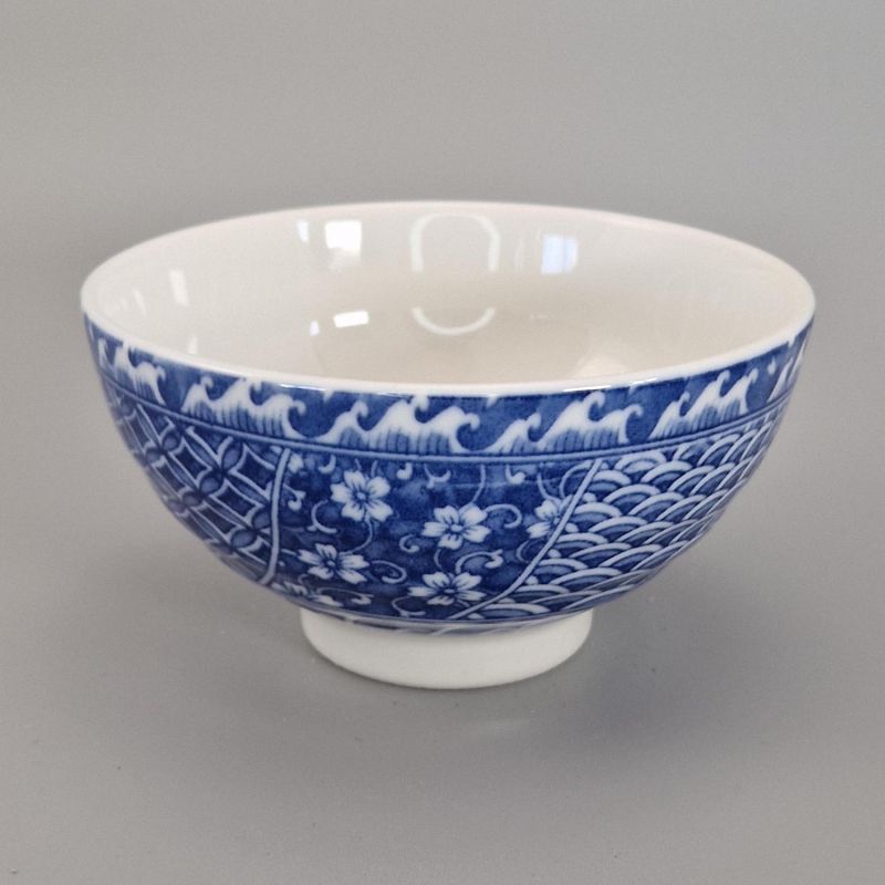 Cuenco de arroz de cerámica japonés, NAMI SHONZUI, patrones azules