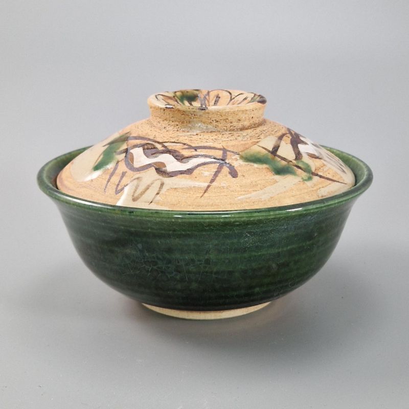 Ciotola in ceramica giapponese con coperchio, ORIBE MARUMON KODAMA, verde