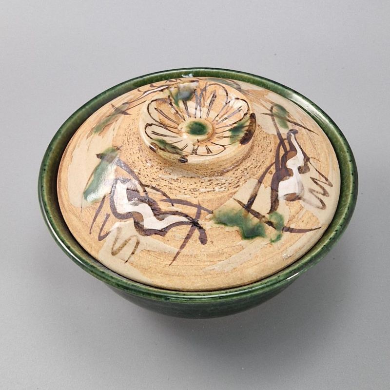 Japanische Keramikschale mit Deckel, ORIBE MARUMON KODAMA, grün