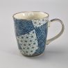 Tazza da tè giapponese in ceramica con manico, blu e bianco, motivo patchwork
