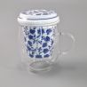 Japanese glass and ceramic tea cup with lid, blue and white patterns, HANA