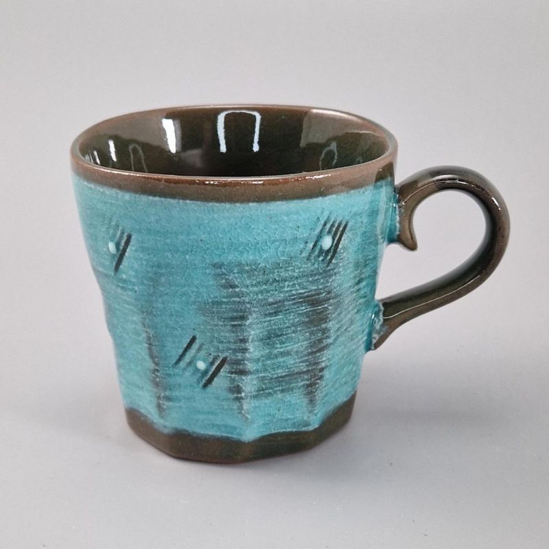 Mug japonais marron et bleu en céramique, traits et points, DOT