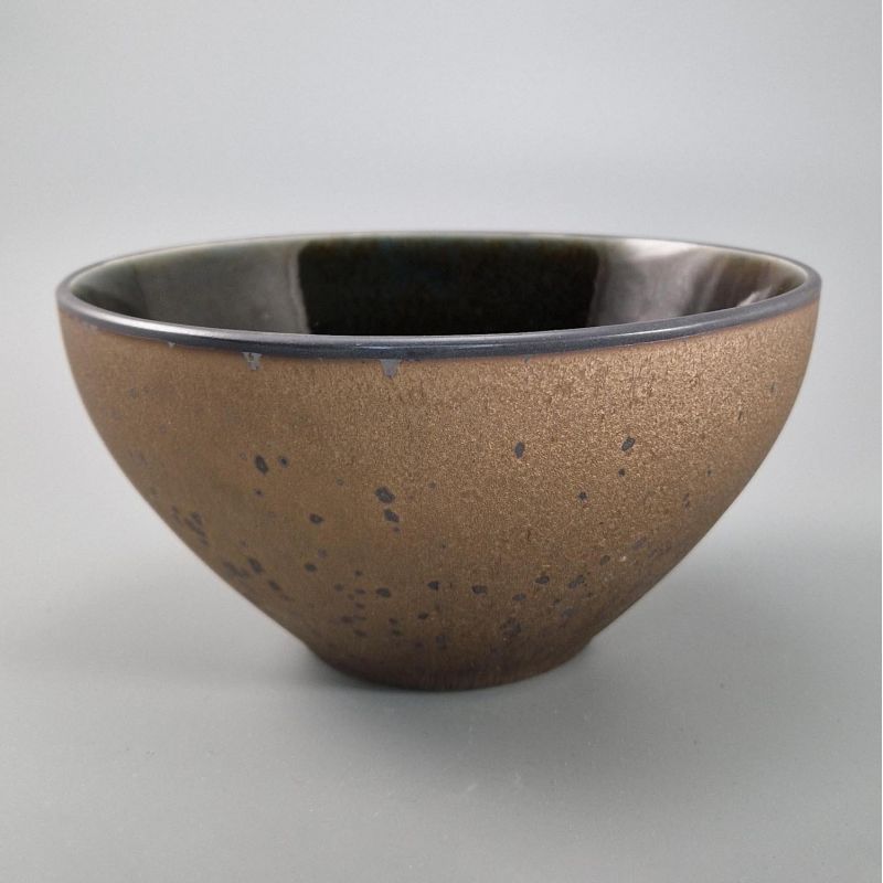 Cuenco de sopa japonés de cerámica, marrón metalizado brillo, interior verde azulado - METARIKKU