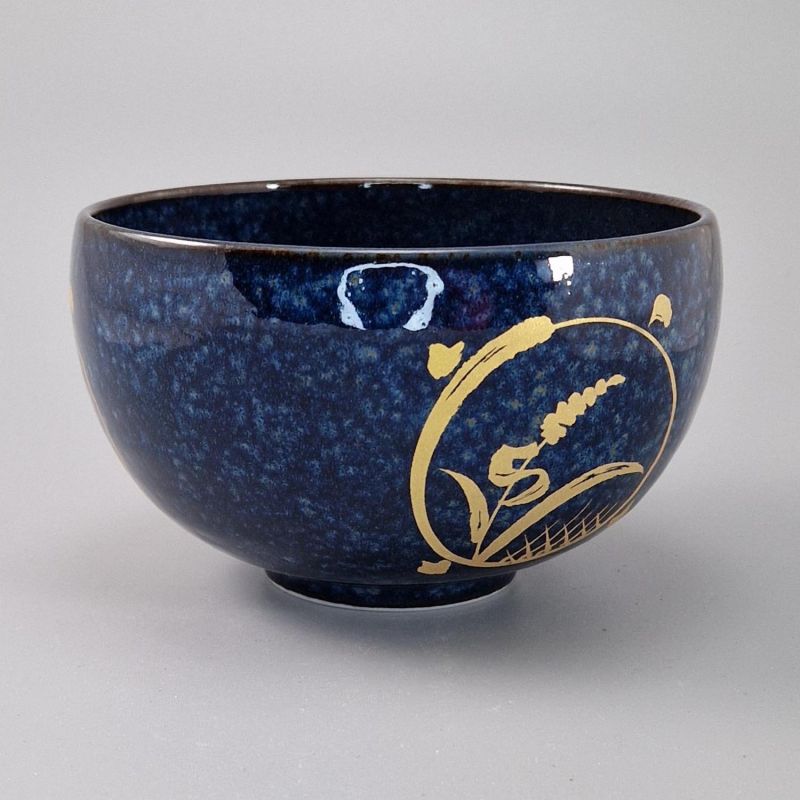 Bol japonais donburi en céramique bleu motif circulaire doré - KOGANE NO SHIZEN - 12.5cm