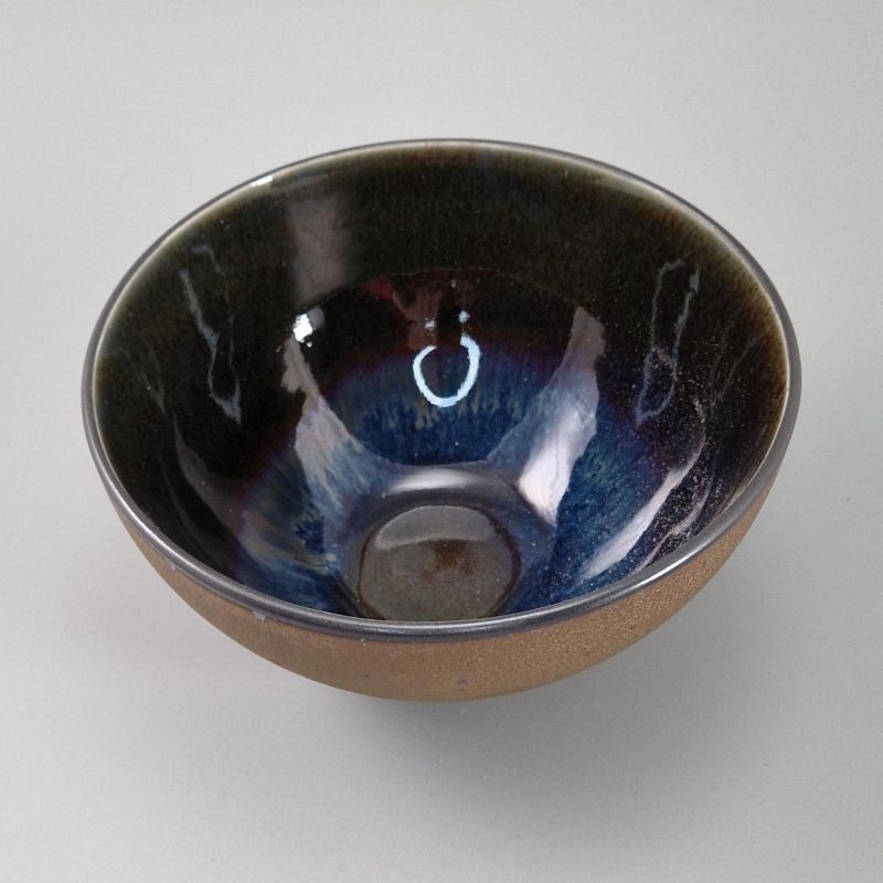 Japanische Keramiksuppenschale, metallisch glitterbraun, blaugrünes Interieur - METARIKKU