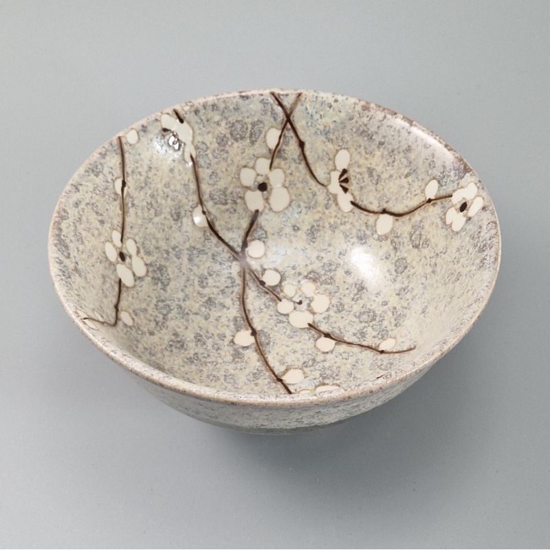 Bol à soupe japonais en céramique gris vert motif fleurs blanches - GREY SOSHUN - 16cm