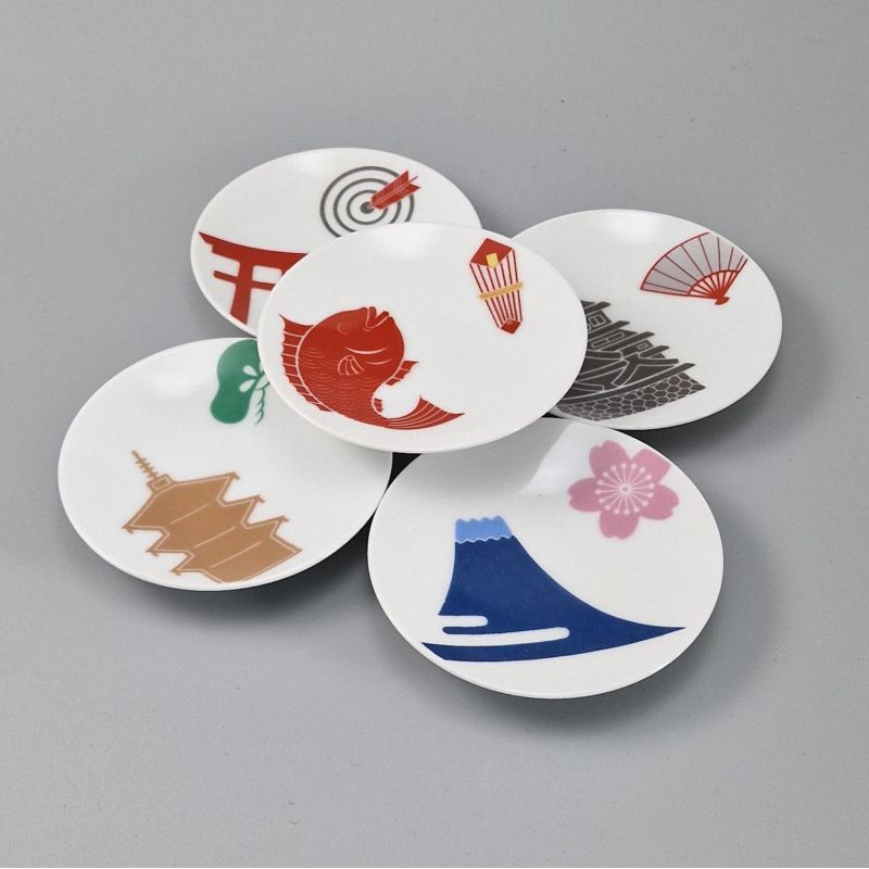 Juego de 5 tazas pequeñas de cerámica japonesa, ilustraciones tradicionales - DENTO