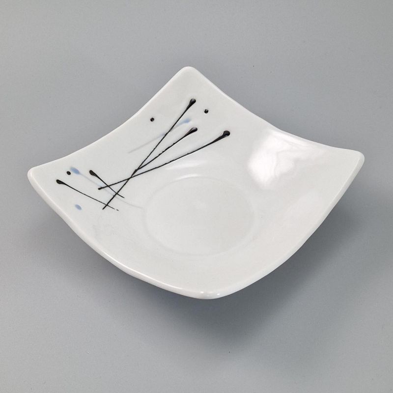 Assiette carrée japonaise en céramique, marron, à rebords, blanc, lignes noires et bleues - GYO