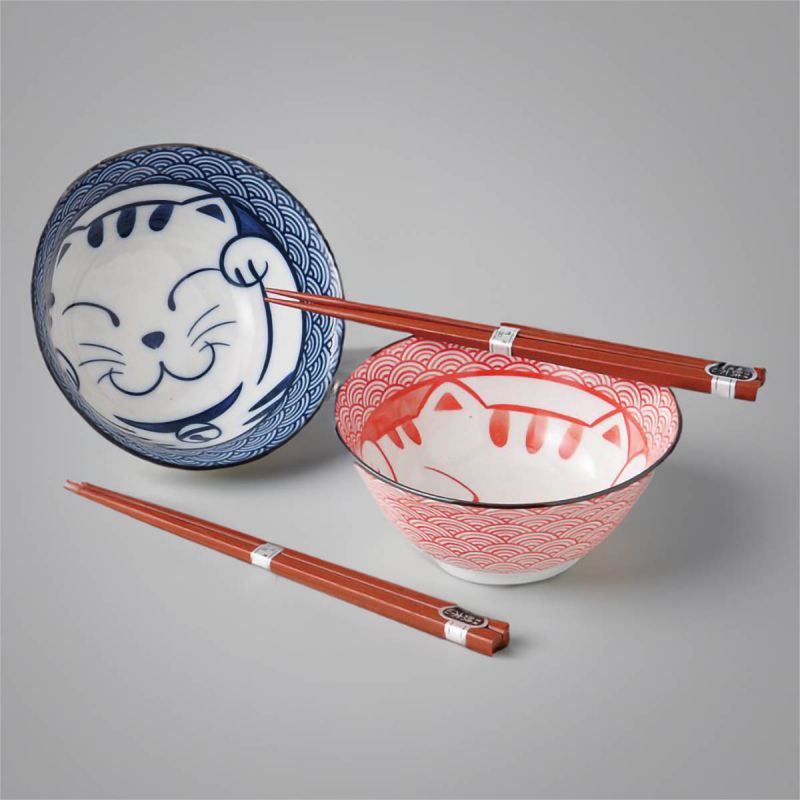 Juego de 2 cuencos japoneses de cerámico para ramen MANEKINEKO rojo y azul