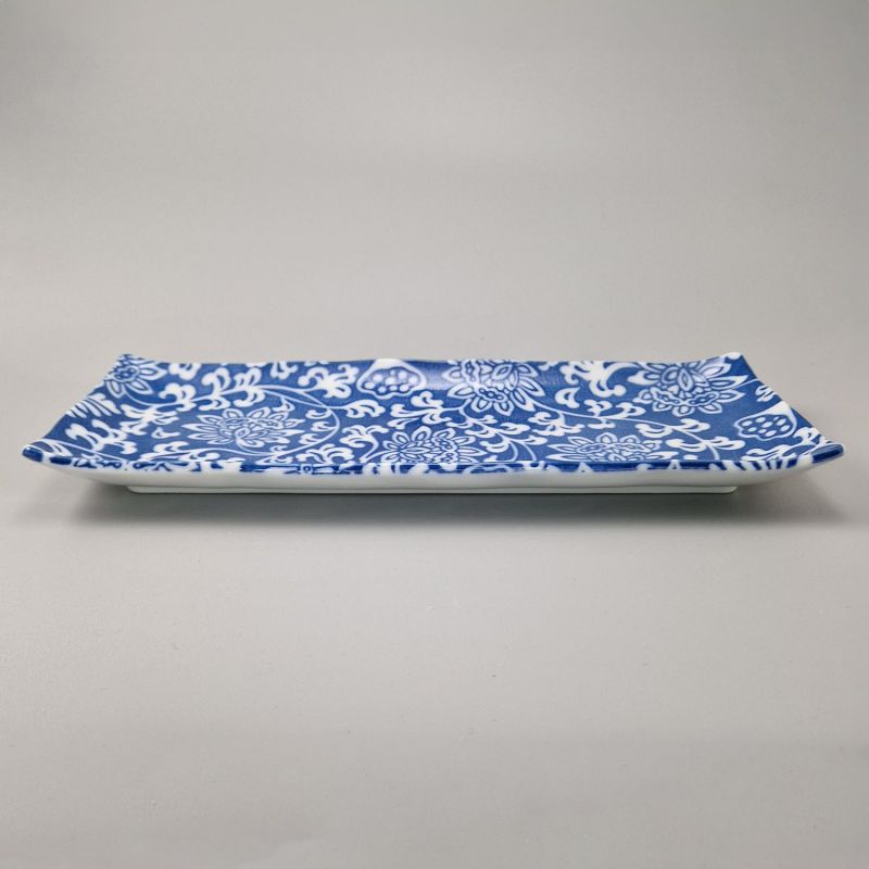 Plato japonés rectangular de cerámica, flores azules y blancas - HANA