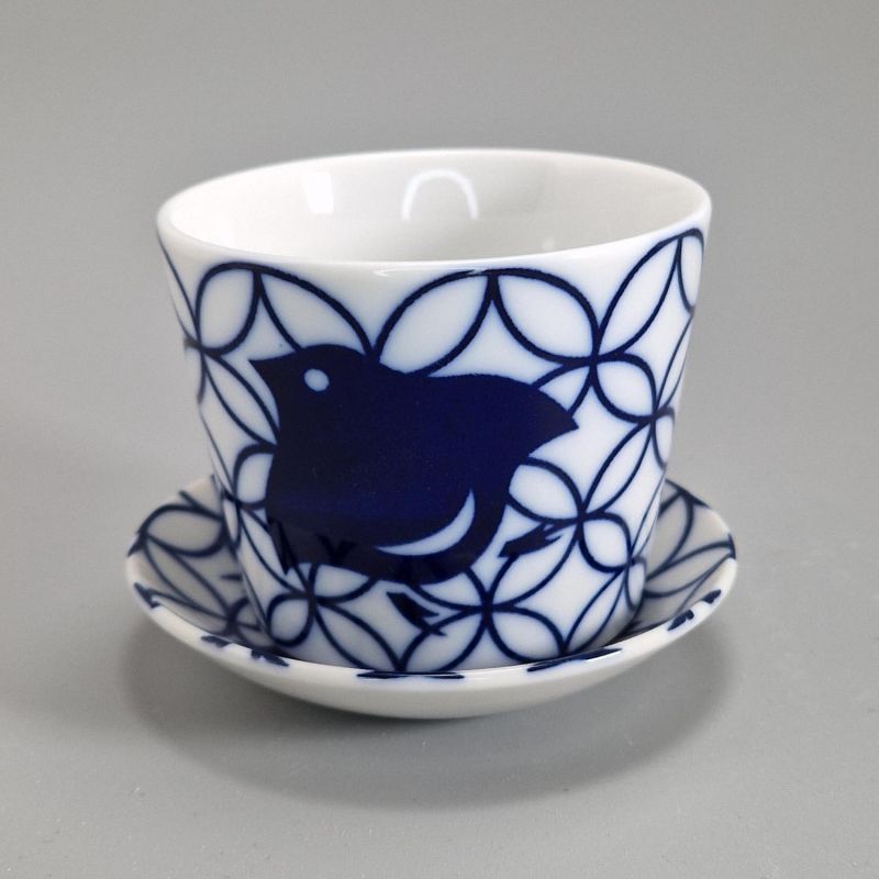 Tazza da tè in ceramica con piattino, uccellino bianco e blu - AOI CHIDORI