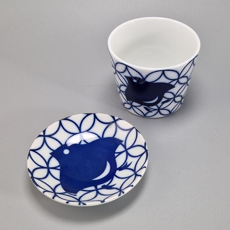 Teetasse aus Keramik mit Untertasse, weißer und blauer Vogel – AOI CHIDORI