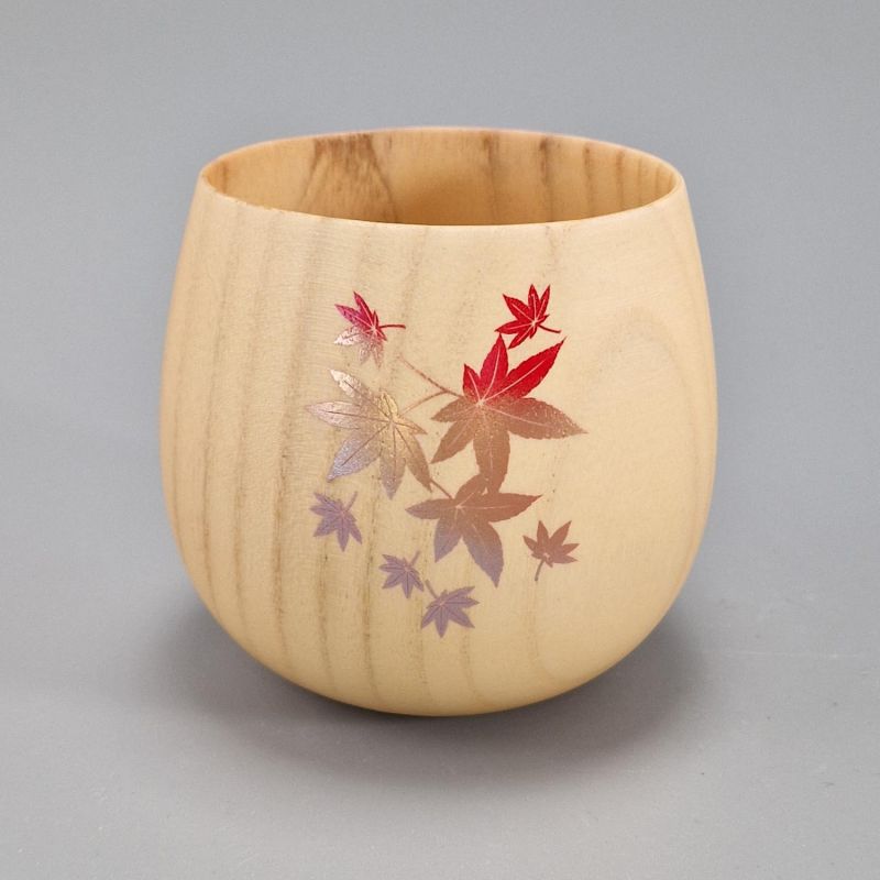 Tazza da tè giapponese in legno natsume con motivo a foglie d'acero, MOMIJI 1